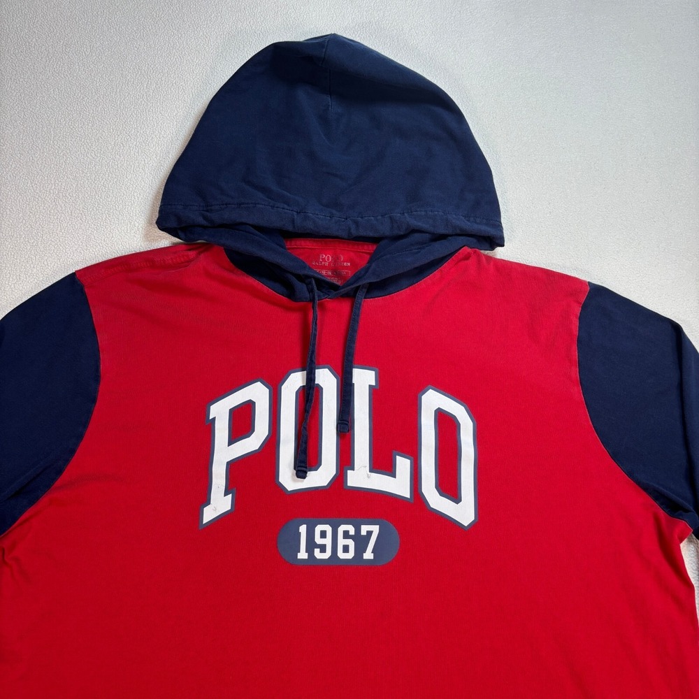 Polo Ralph Lauren Hoodie Men's XL Red Navy Colorblock 100% Cotton Drawstring - Picture 4 of 16